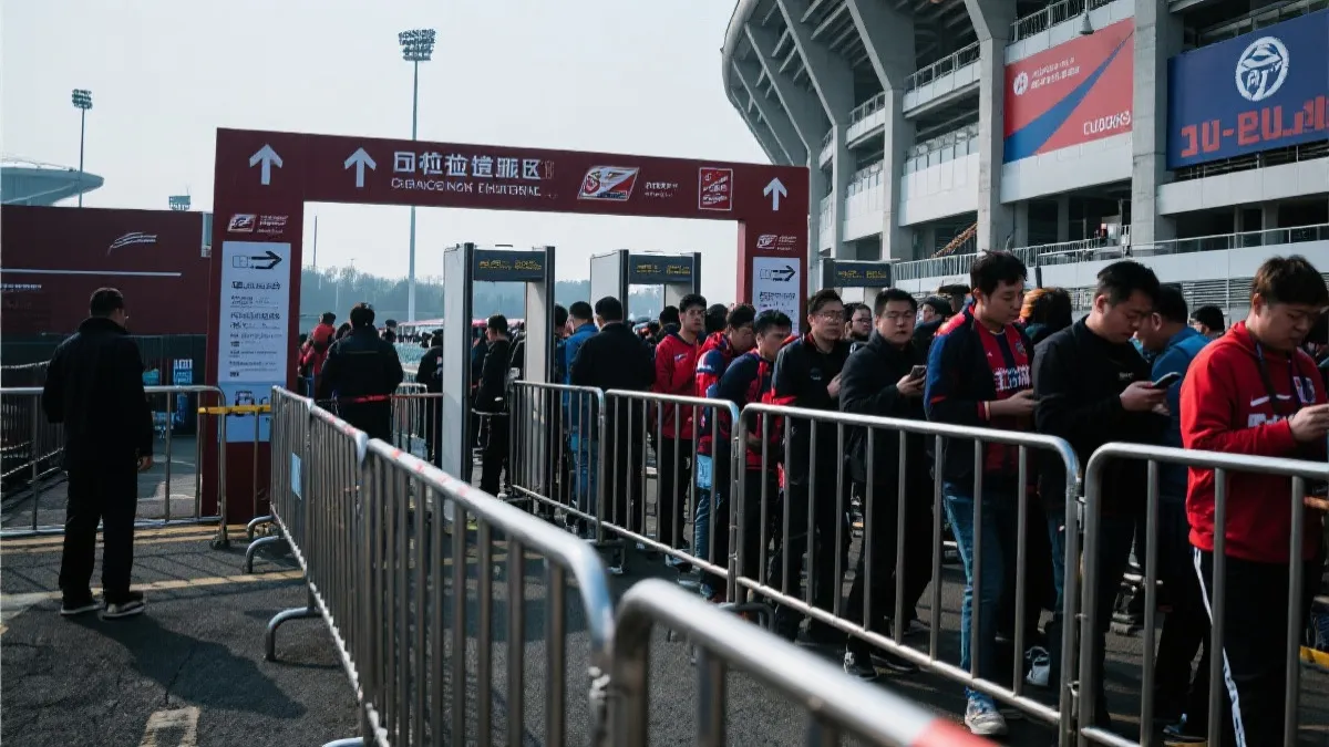 球场安检与观众入场通道示意，体现北美大型赛事的分流与安保标准